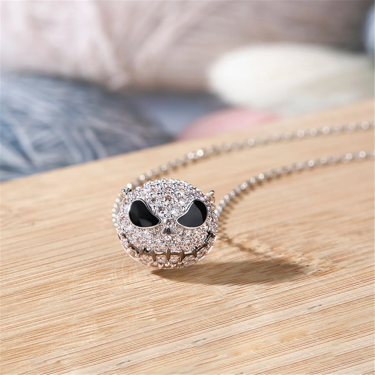 Cubic Zirconia & Silver-Plated Skull Pendant Bar Necklace