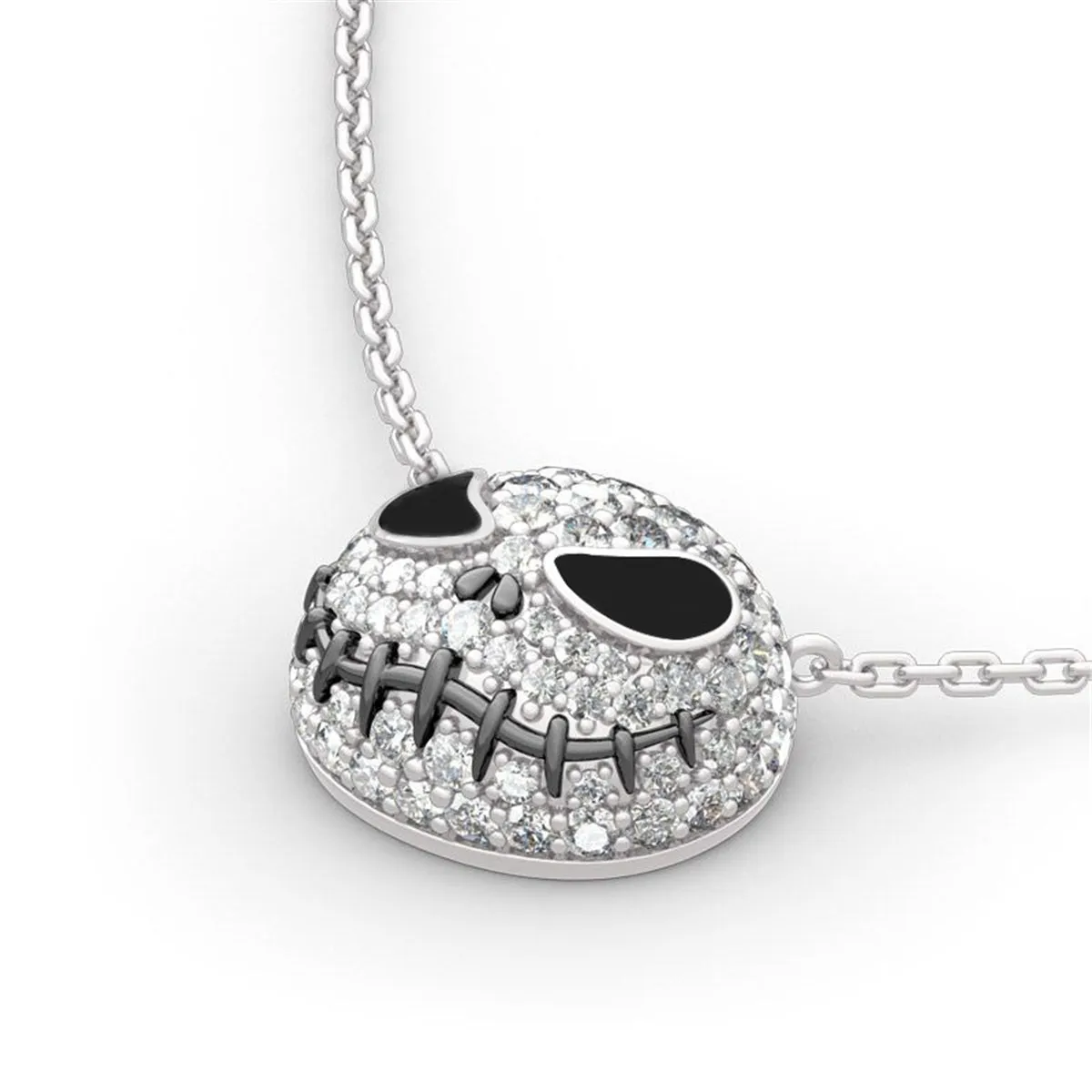 Cubic Zirconia & Silver-Plated Skull Pendant Bar Necklace