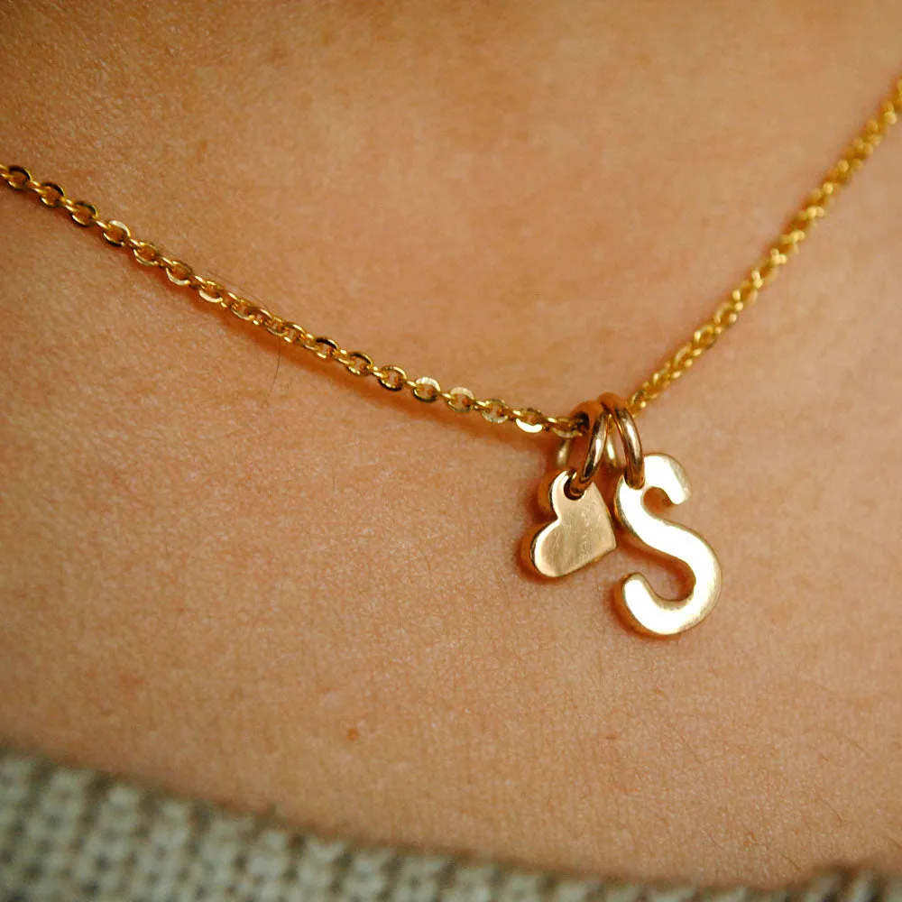 Custom Initial & Heart Charm Necklace, 14K Gold