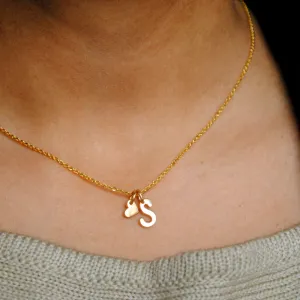 Custom Initial & Heart Charm Necklace, 14K Gold