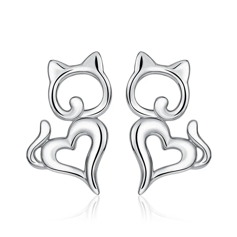 Cutie Cat Heart Shaped Stud Earrings