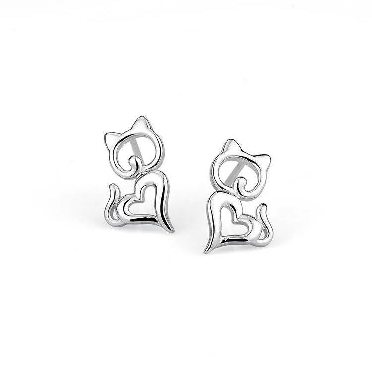 Cutie Cat Heart Shaped Stud Earrings