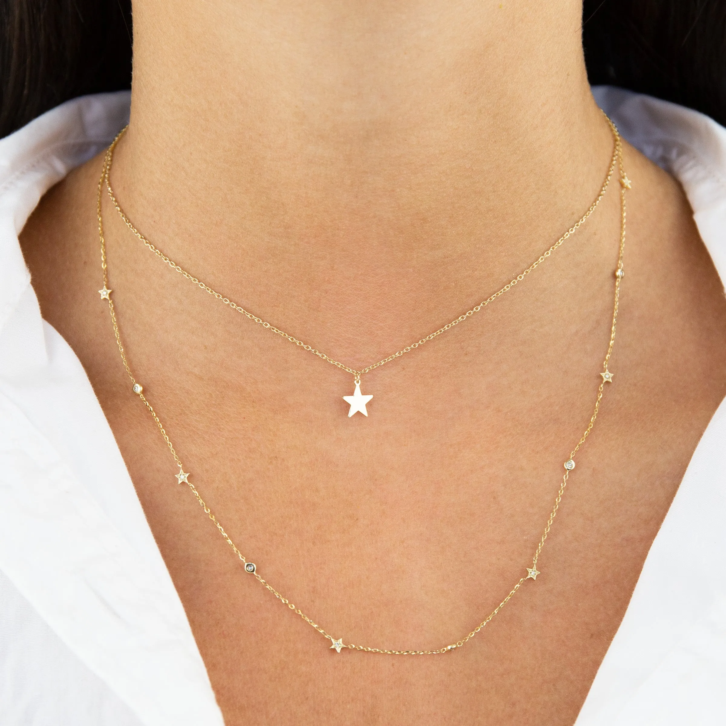 Dainty CZ Star X Bezel Necklace 14K