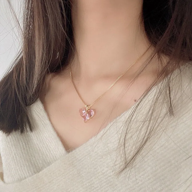 Dainty Pink Rhinestone Heart Pendant Chain Necklace Dangle Earrings Set