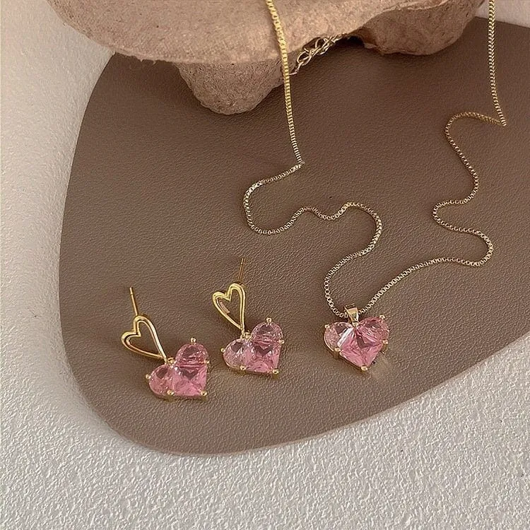 Dainty Pink Rhinestone Heart Pendant Chain Necklace Dangle Earrings Set