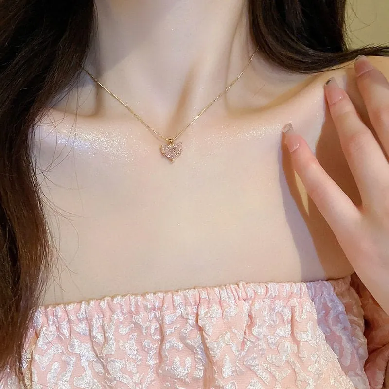 Dainty Pink Rhinestone Heart Pendant Chain Necklace Dangle Earrings Set