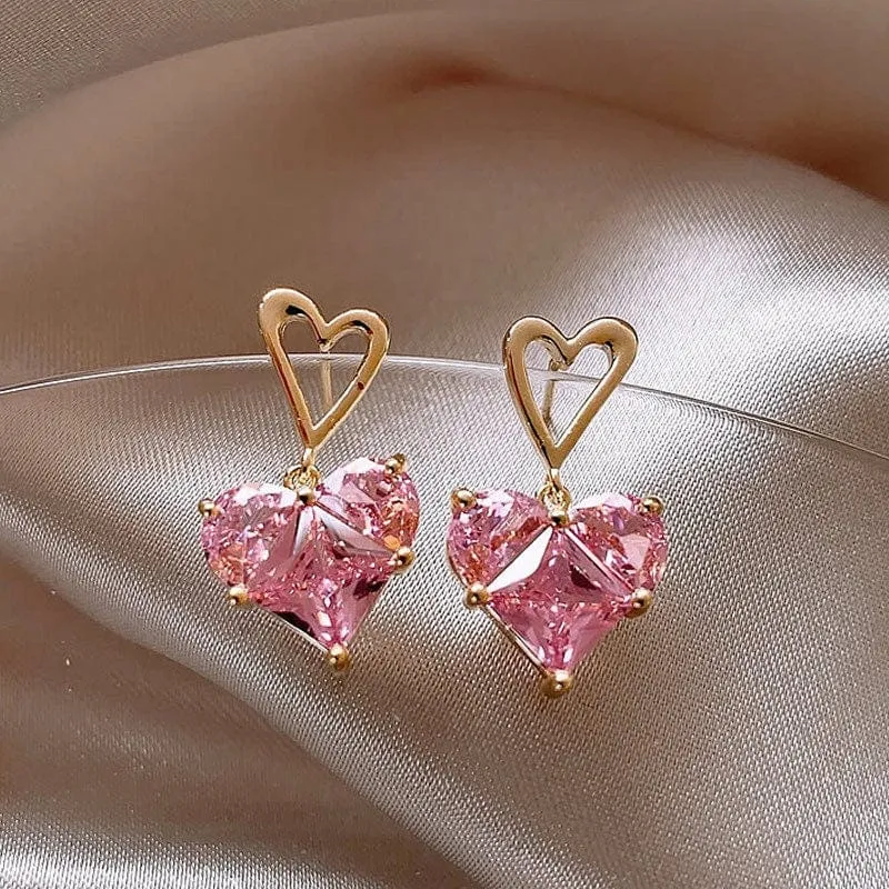 Dainty Pink Rhinestone Heart Pendant Chain Necklace Dangle Earrings Set