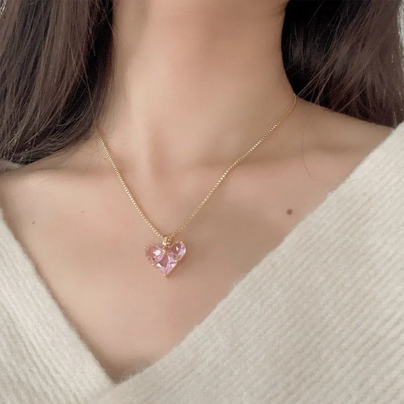 Dainty Pink Rhinestone Heart Pendant Chain Necklace Dangle Earrings Set