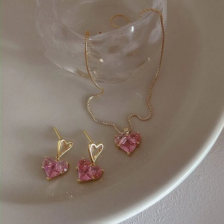 Dainty Pink Rhinestone Heart Pendant Chain Necklace Dangle Earrings Set