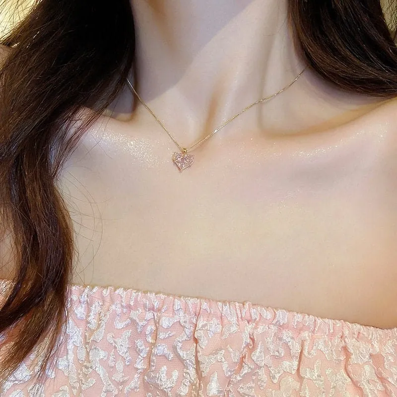 Dainty Pink Rhinestone Heart Pendant Chain Necklace Dangle Earrings Set