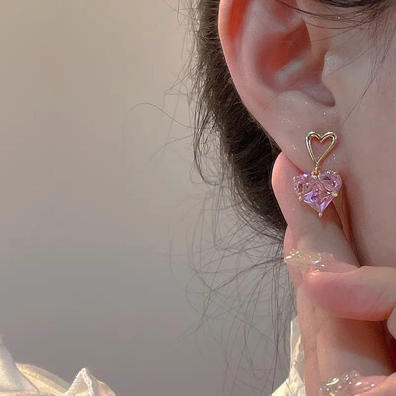 Dainty Pink Rhinestone Heart Pendant Chain Necklace Dangle Earrings Set