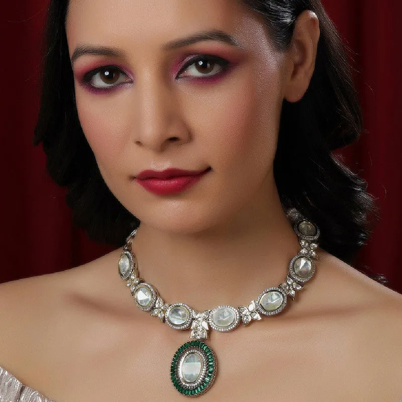 Designer Gold And Silver Tone Necklace With Green Center Piece