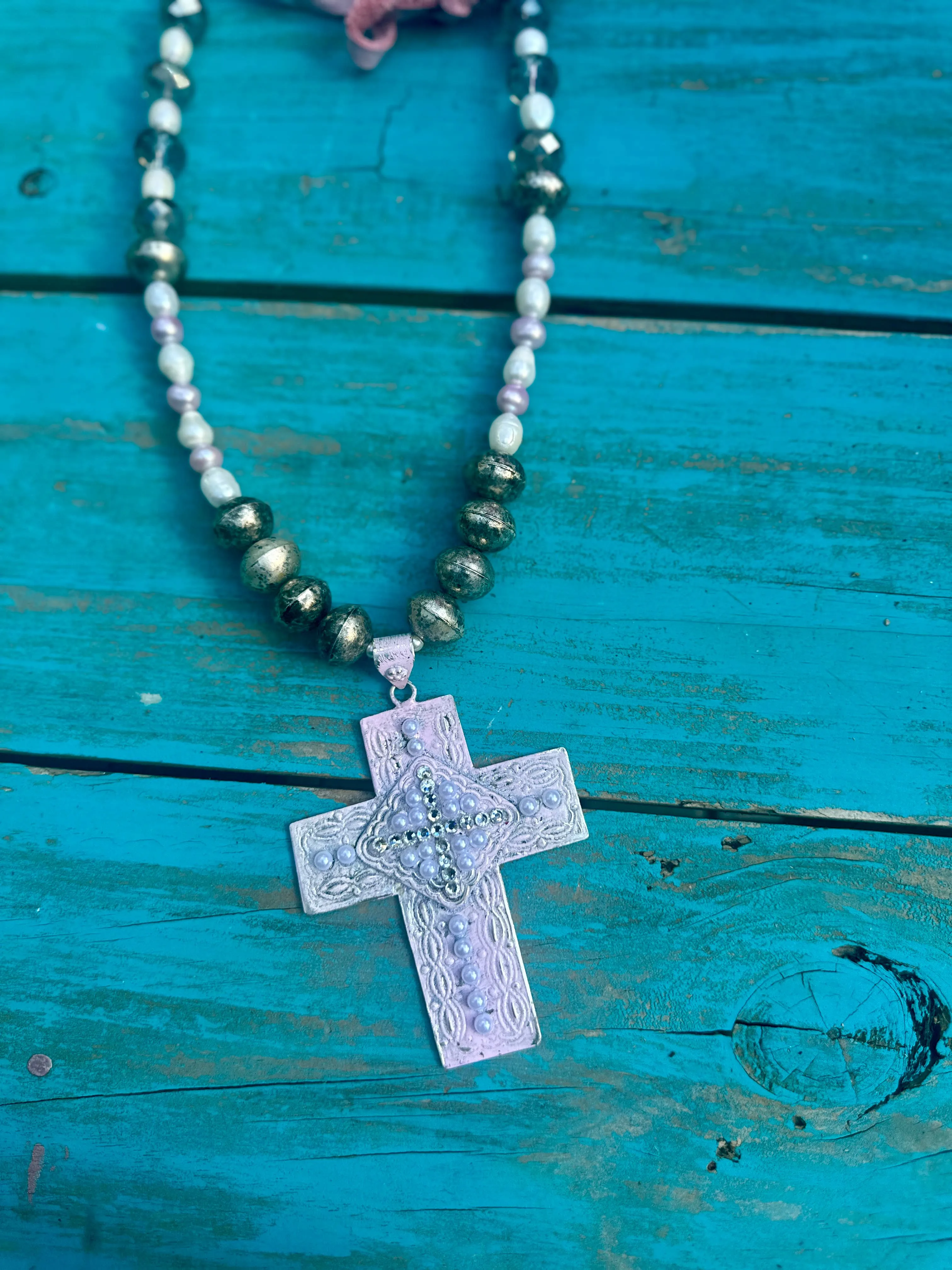Distressed Pink Pearl Cross Rare bird Necklace