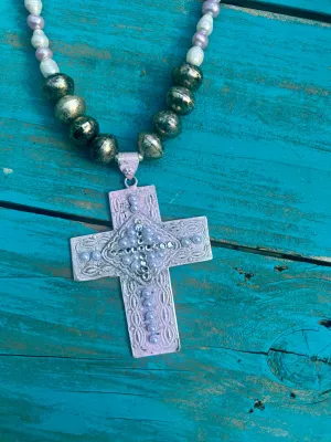 Distressed Pink Pearl Cross Rare bird Necklace