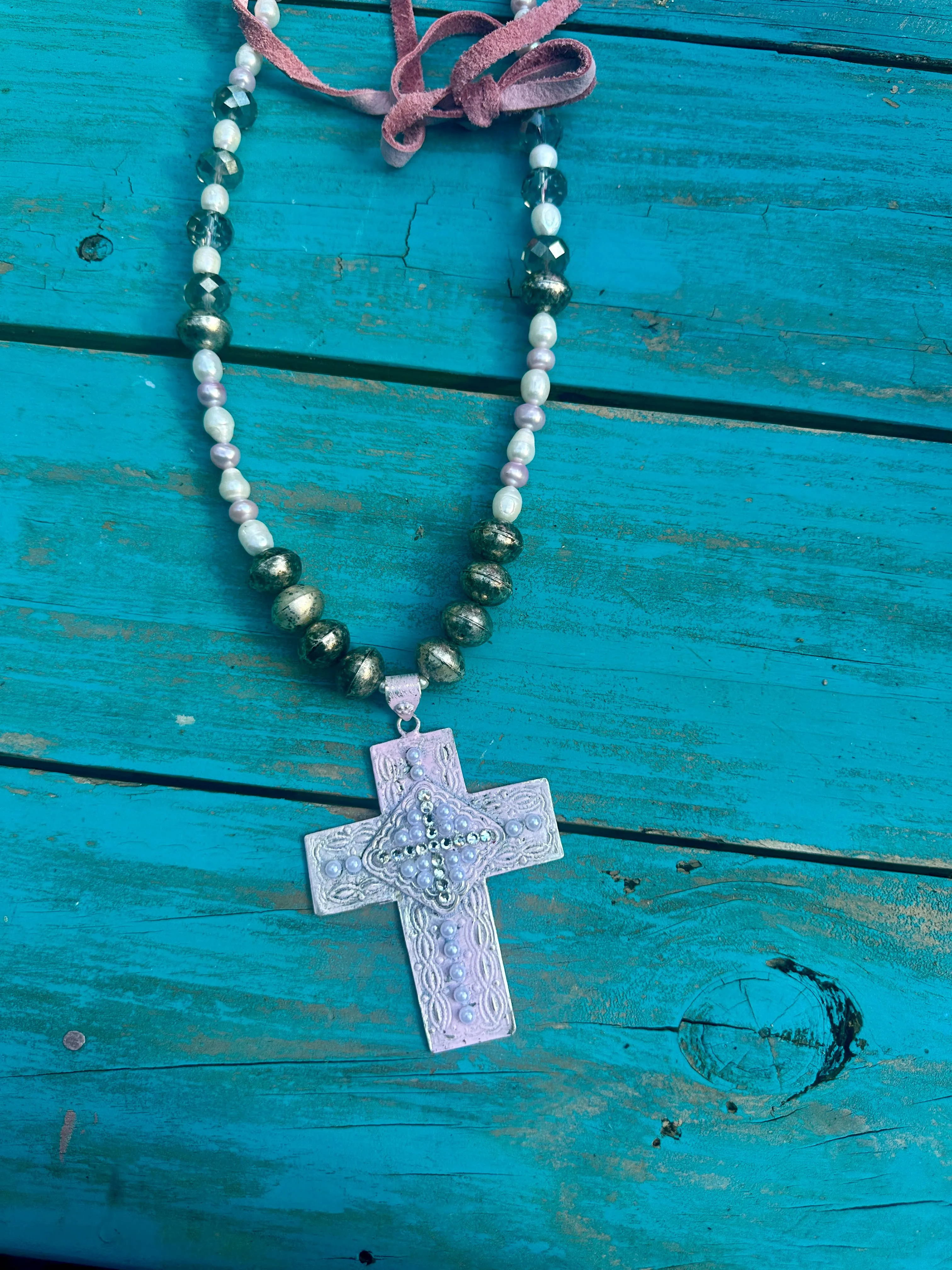 Distressed Pink Pearl Cross Rare bird Necklace