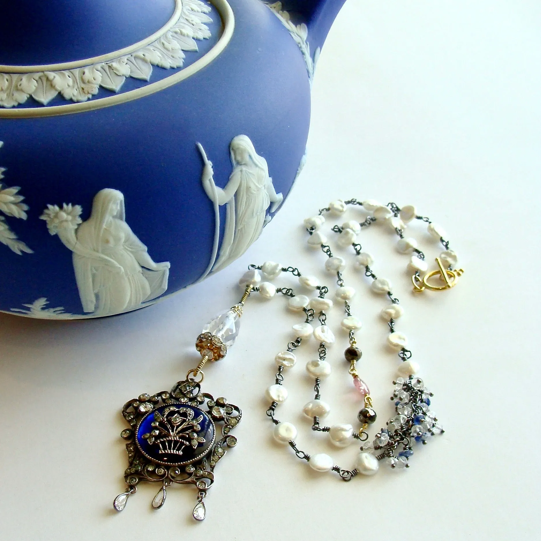 Freshwater Keishi Pearls Kyanite Rock Crystal Georgian Enamel Silver Paste Pendant Necklace - Ayla Necklace