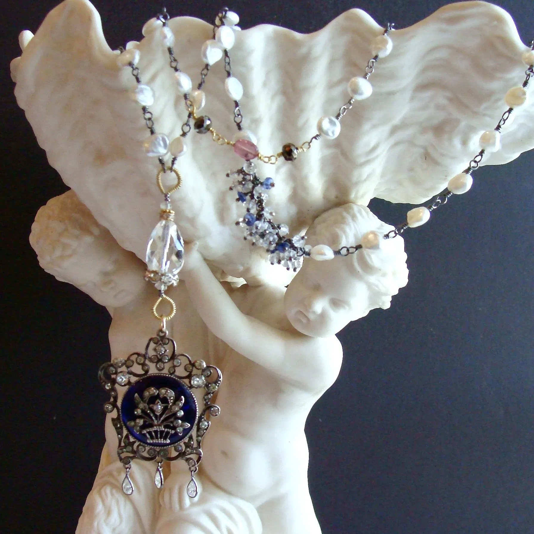 Freshwater Keishi Pearls Kyanite Rock Crystal Georgian Enamel Silver Paste Pendant Necklace - Ayla Necklace