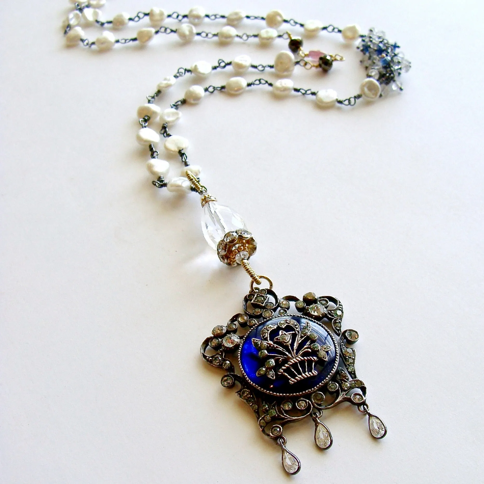 Freshwater Keishi Pearls Kyanite Rock Crystal Georgian Enamel Silver Paste Pendant Necklace - Ayla Necklace