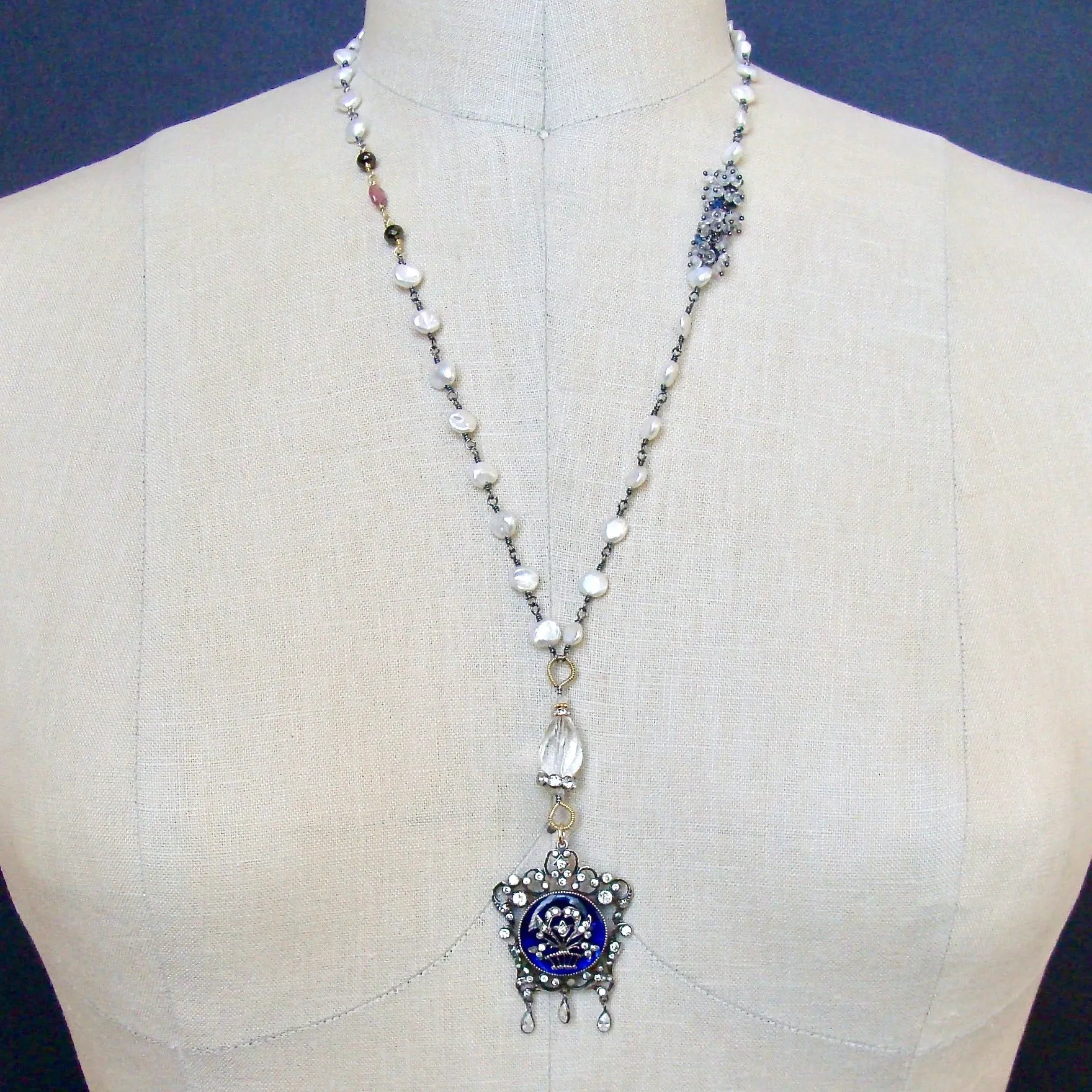 Freshwater Keishi Pearls Kyanite Rock Crystal Georgian Enamel Silver Paste Pendant Necklace - Ayla Necklace