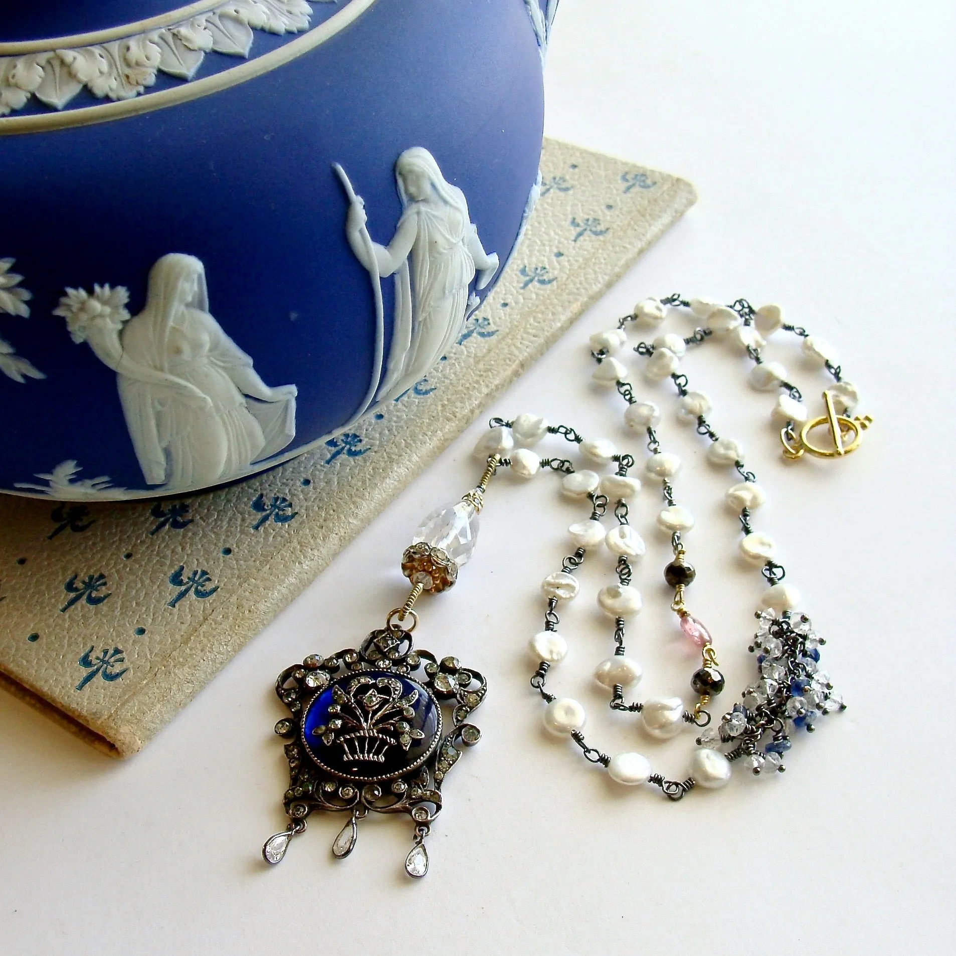 Freshwater Keishi Pearls Kyanite Rock Crystal Georgian Enamel Silver Paste Pendant Necklace - Ayla Necklace