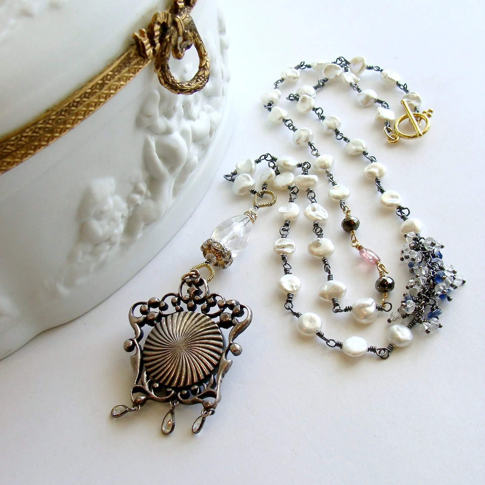 Freshwater Keishi Pearls Kyanite Rock Crystal Georgian Enamel Silver Paste Pendant Necklace - Ayla Necklace