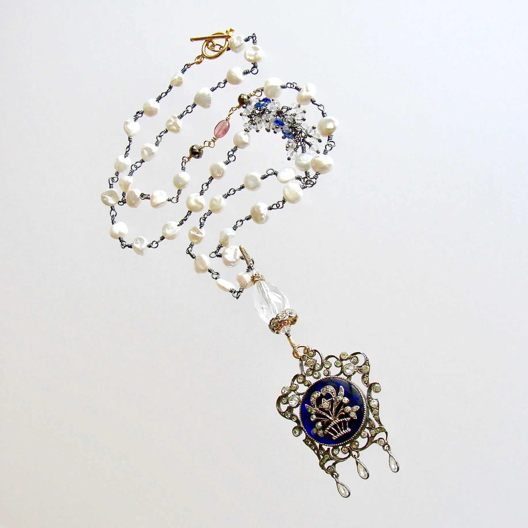 Freshwater Keishi Pearls Kyanite Rock Crystal Georgian Enamel Silver Paste Pendant Necklace - Ayla Necklace