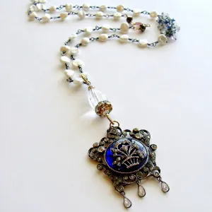 Freshwater Keishi Pearls Kyanite Rock Crystal Georgian Enamel Silver Paste Pendant Necklace - Ayla Necklace