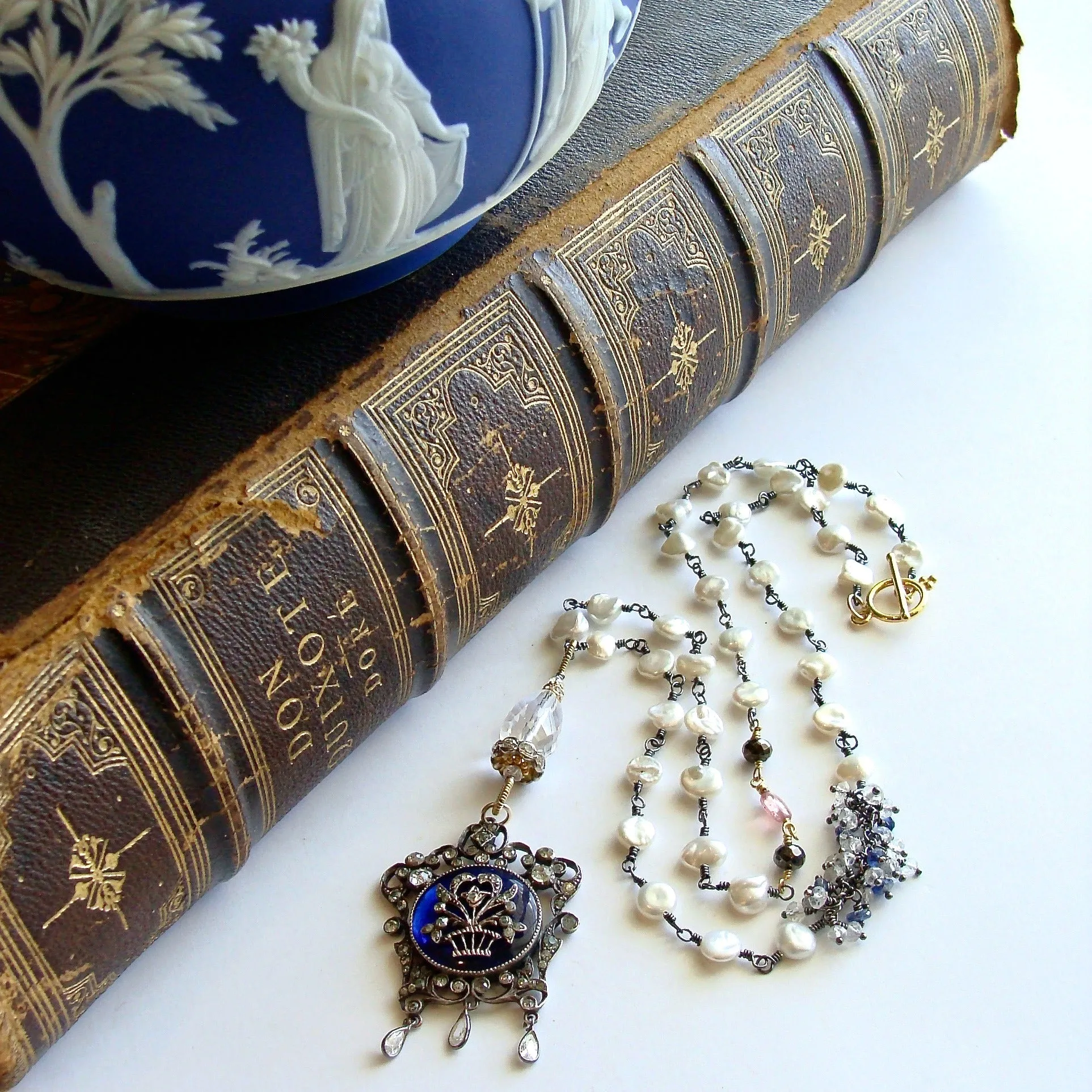 Freshwater Keishi Pearls Kyanite Rock Crystal Georgian Enamel Silver Paste Pendant Necklace - Ayla Necklace