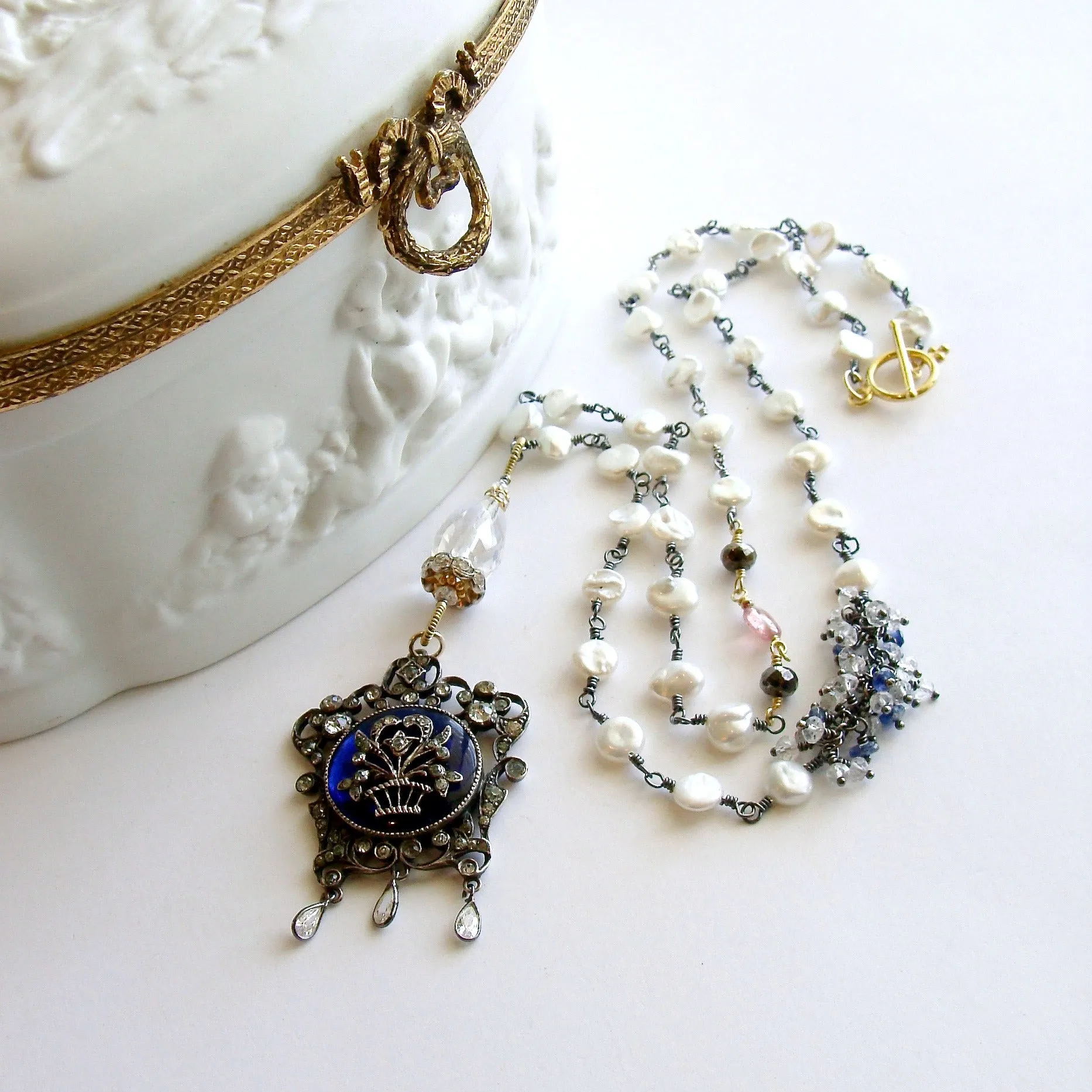 Freshwater Keishi Pearls Kyanite Rock Crystal Georgian Enamel Silver Paste Pendant Necklace - Ayla Necklace