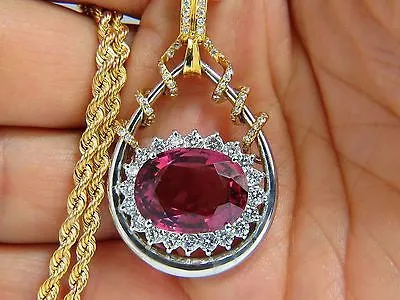 GIA 12.62CT NATURAL RUBELLITE PINK TOURMALINE DIAMONDS PENDANT 18KT RARE