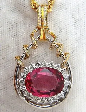 GIA 12.62CT NATURAL RUBELLITE PINK TOURMALINE DIAMONDS PENDANT 18KT RARE