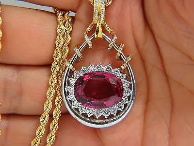 GIA 12.62CT NATURAL RUBELLITE PINK TOURMALINE DIAMONDS PENDANT 18KT RARE