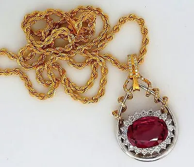 GIA 12.62CT NATURAL RUBELLITE PINK TOURMALINE DIAMONDS PENDANT 18KT RARE