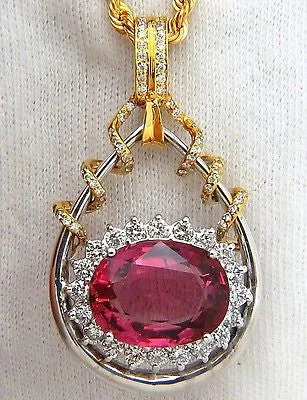 GIA 12.62CT NATURAL RUBELLITE PINK TOURMALINE DIAMONDS PENDANT 18KT RARE