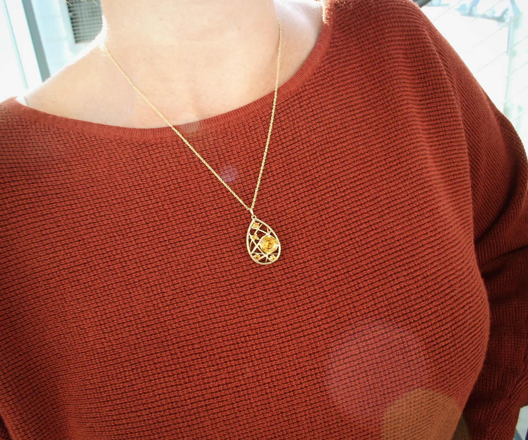 Golden Sphene and Citrine Weave Teardrop Necklace