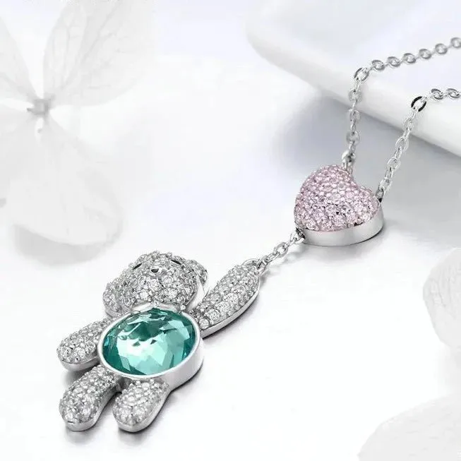 Heart And Cute Bear Pendant Necklace with Pink Diamond