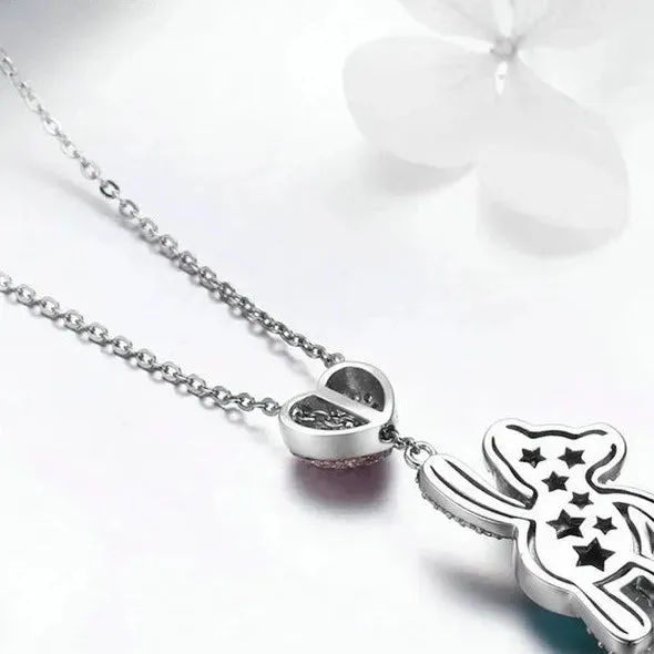 Heart And Cute Bear Pendant Necklace with Pink Diamond