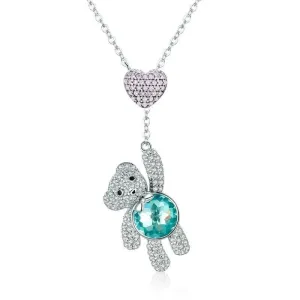 Heart And Cute Bear Pendant Necklace with Pink Diamond