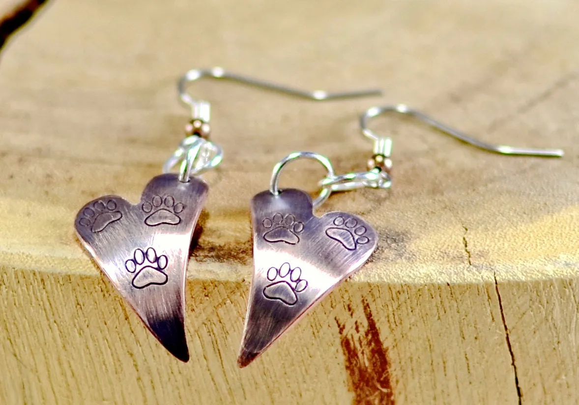 Heart Dangle Copper Earrings with Paws and a Purple Patina