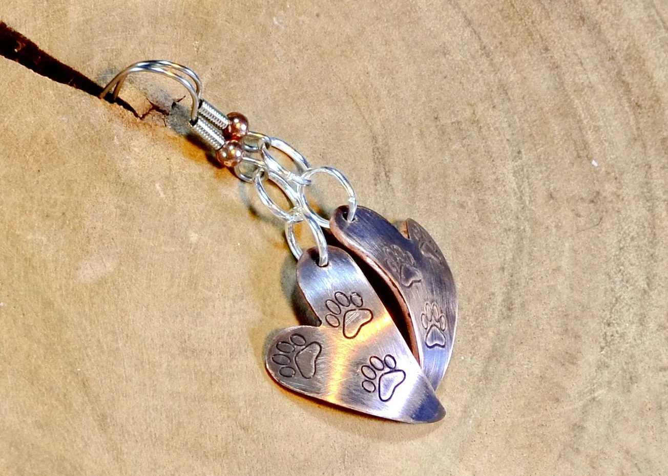Heart Dangle Copper Earrings with Paws and a Purple Patina