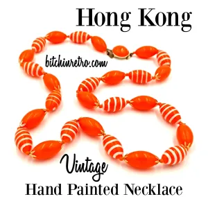 Hong Kong Vintage Beaded Necklace, Orange and White Stripes