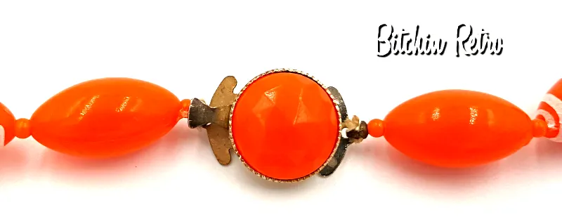 Hong Kong Vintage Beaded Necklace, Orange and White Stripes
