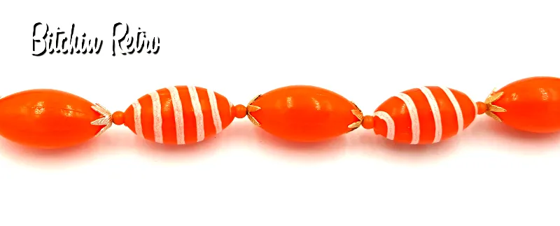 Hong Kong Vintage Beaded Necklace, Orange and White Stripes