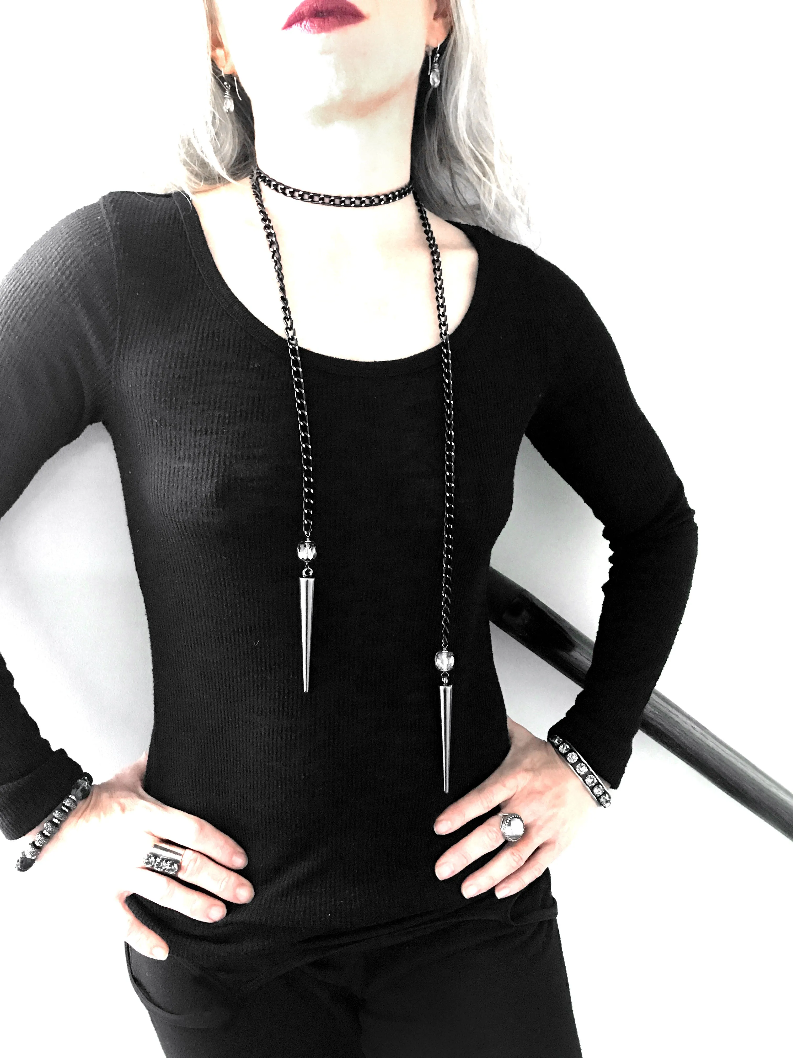 Long Spike Wrap Necklace with Chunky Black and Silver Chain