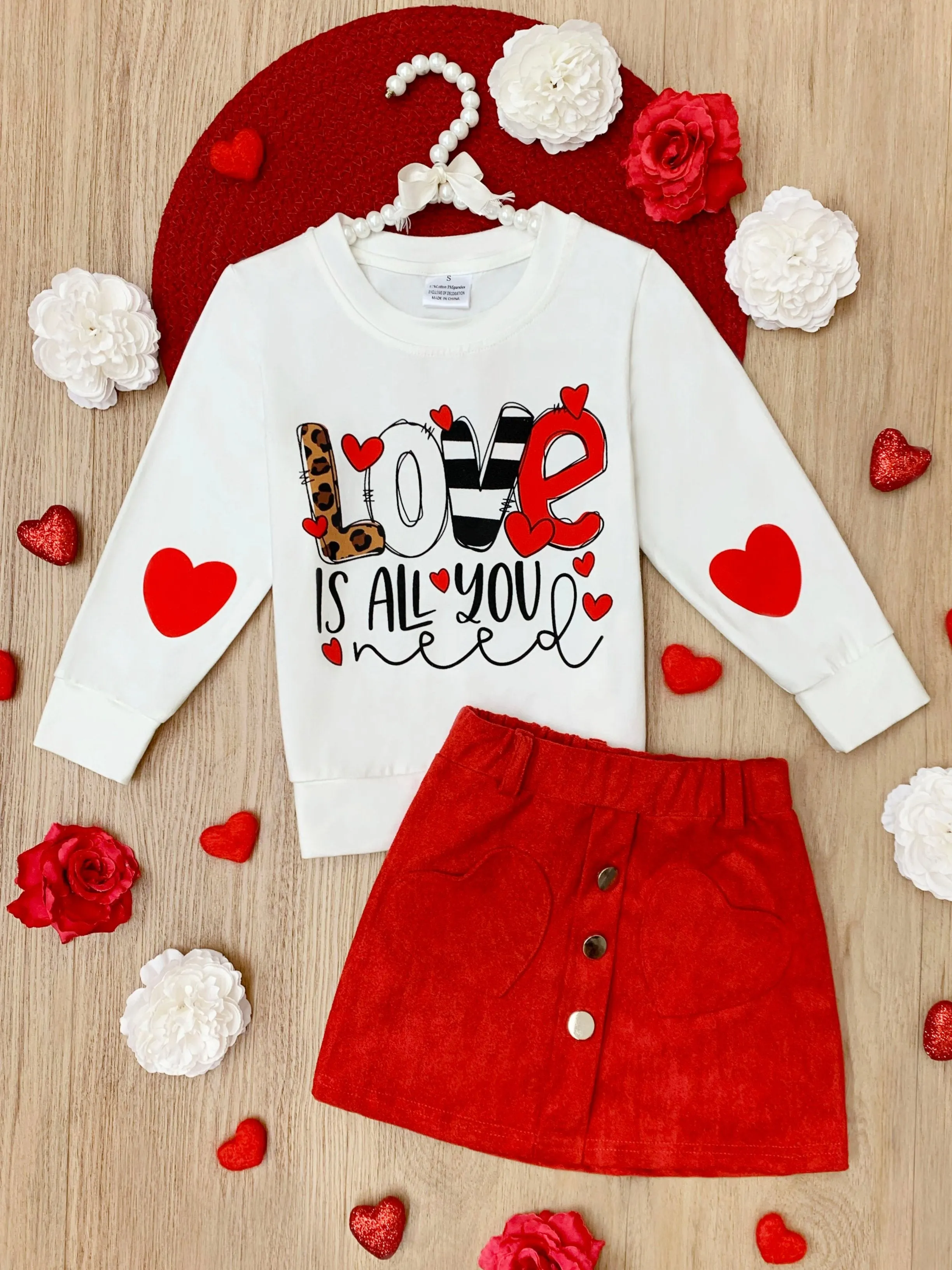 Love Is All You Need Sweater and Red Skirt Set