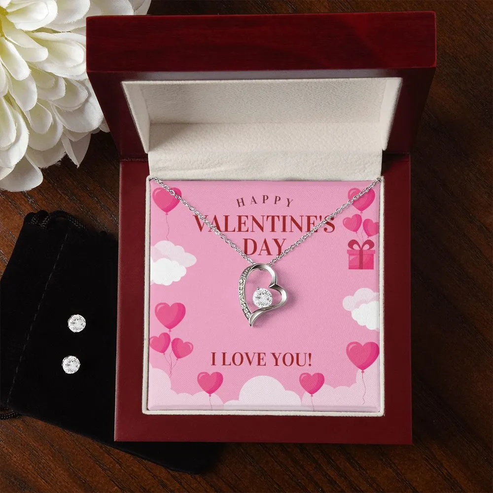 Love You Valentine's Forever Heart Necklace & Cubic Zirconia Earring Set