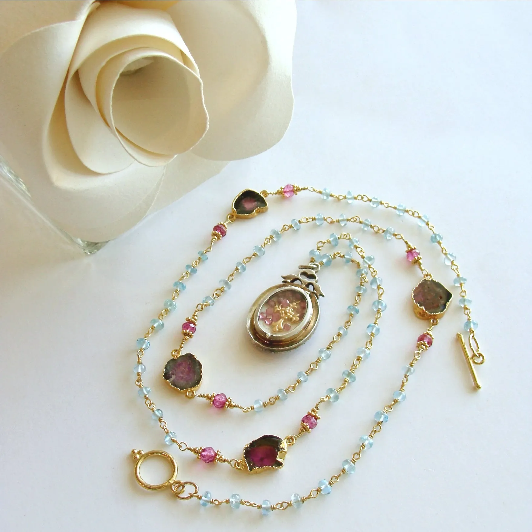 Lover's Eye Victorian Silver Paste Locket Blue Topaz & Watermelon Tourmaline Necklace - Isabella II Necklace