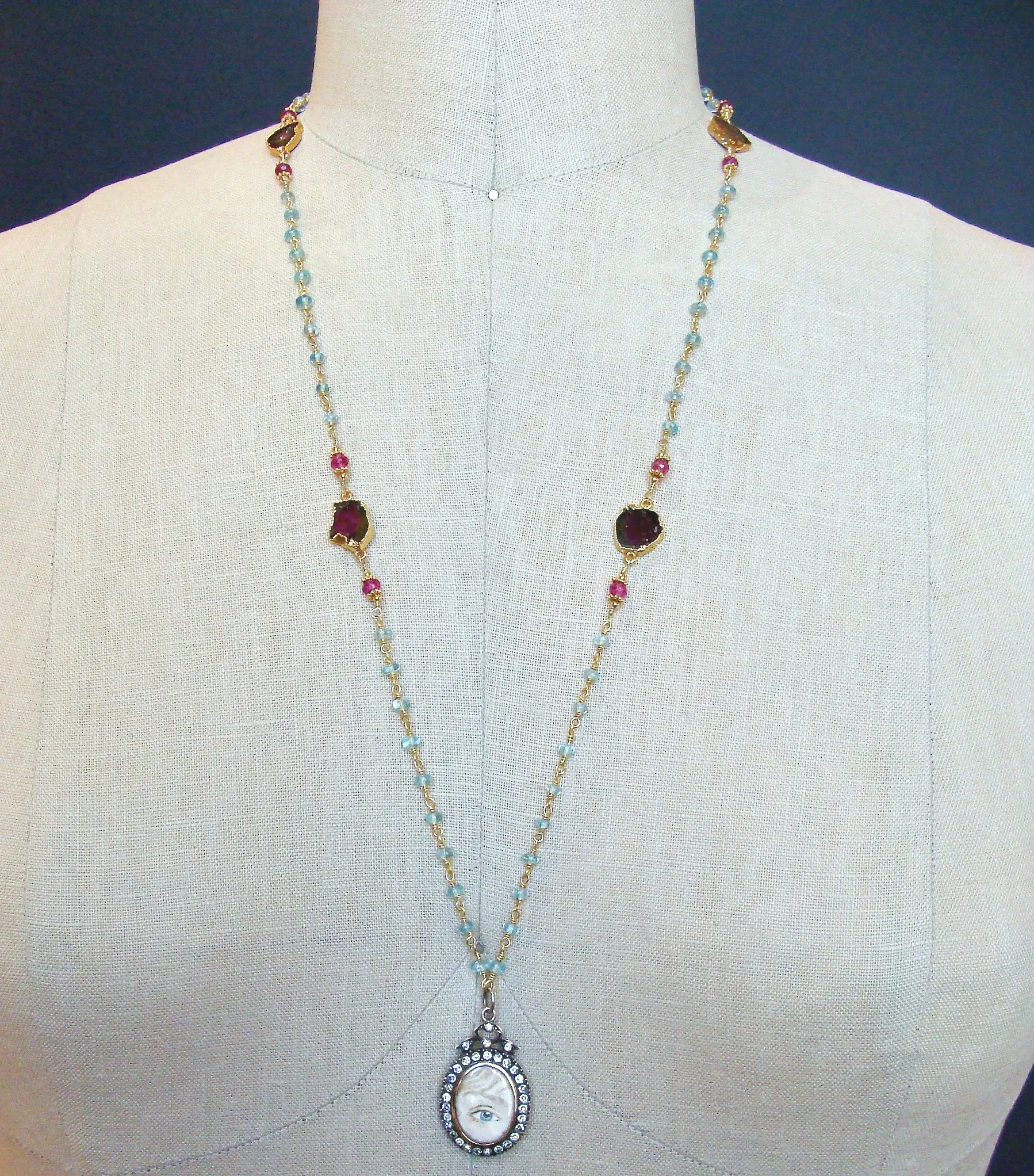Lover's Eye Victorian Silver Paste Locket Blue Topaz & Watermelon Tourmaline Necklace - Isabella II Necklace