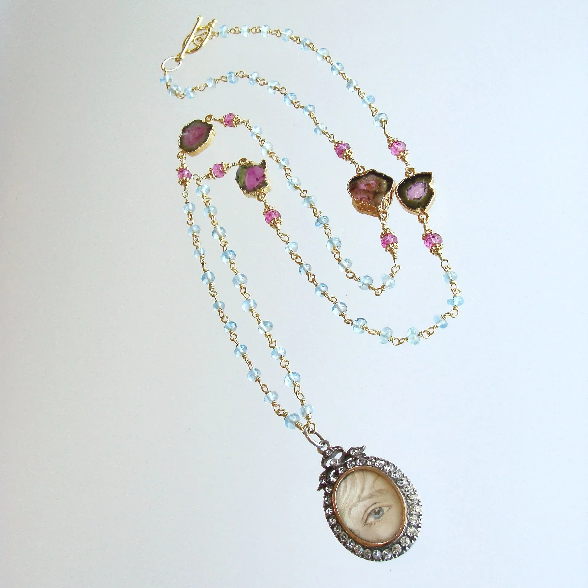 Lover's Eye Victorian Silver Paste Locket Blue Topaz & Watermelon Tourmaline Necklace - Isabella II Necklace