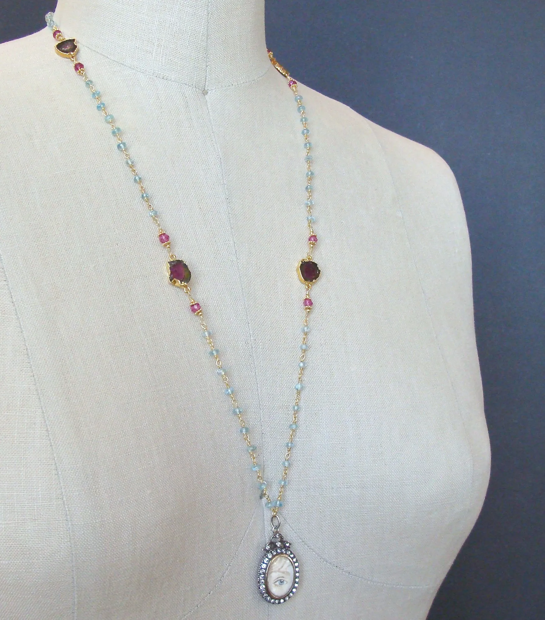 Lover's Eye Victorian Silver Paste Locket Blue Topaz & Watermelon Tourmaline Necklace - Isabella II Necklace